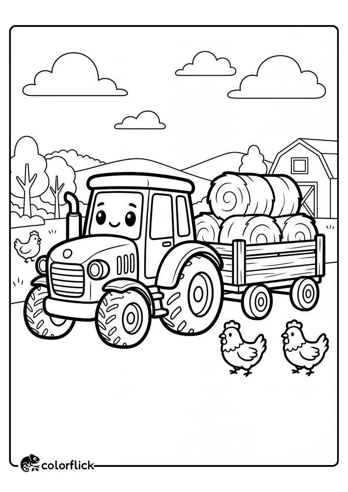 An adorable tractor with big eyes smiles while pulling a wooden cart filled with round hay bales on a farm, accompanied by three small chickens. This is a simple printable coloring page for kids who love farm vehicles.