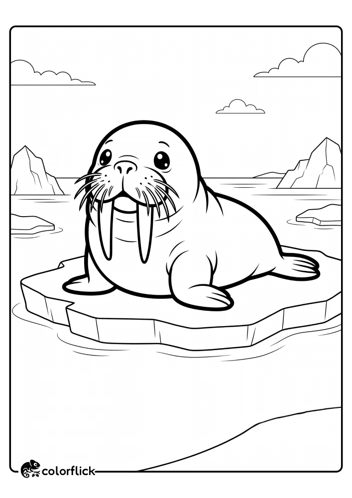A printable coloring page for kids featuring a large, cute walrus with long tusks and whiskers resting on a flat ice floe.