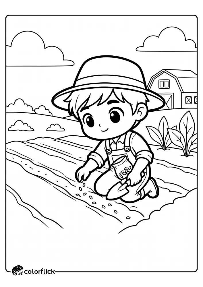 A young farmer with a hat and overalls is kneeling in a field, dropping seeds from a small bag into a furrow with a trowel, in a cute printable coloring page for kids.