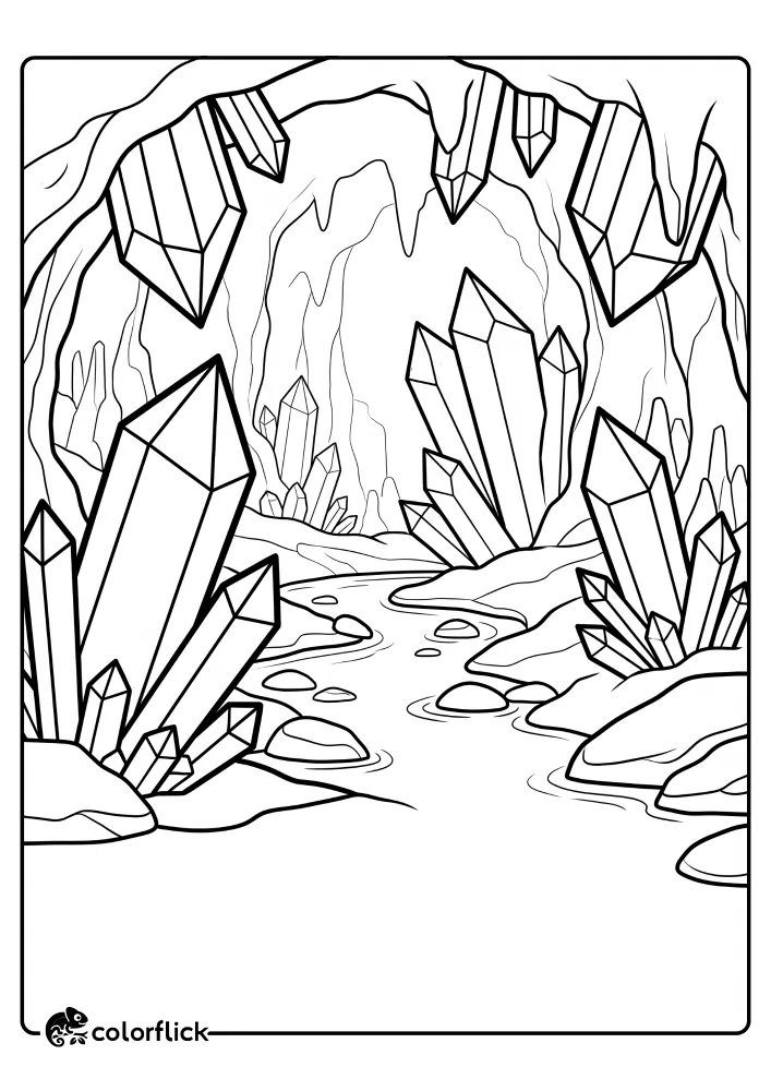 A magical crystal cave interior with glowing crystals and a meandering river, designed as a simple printable coloring page for kids.