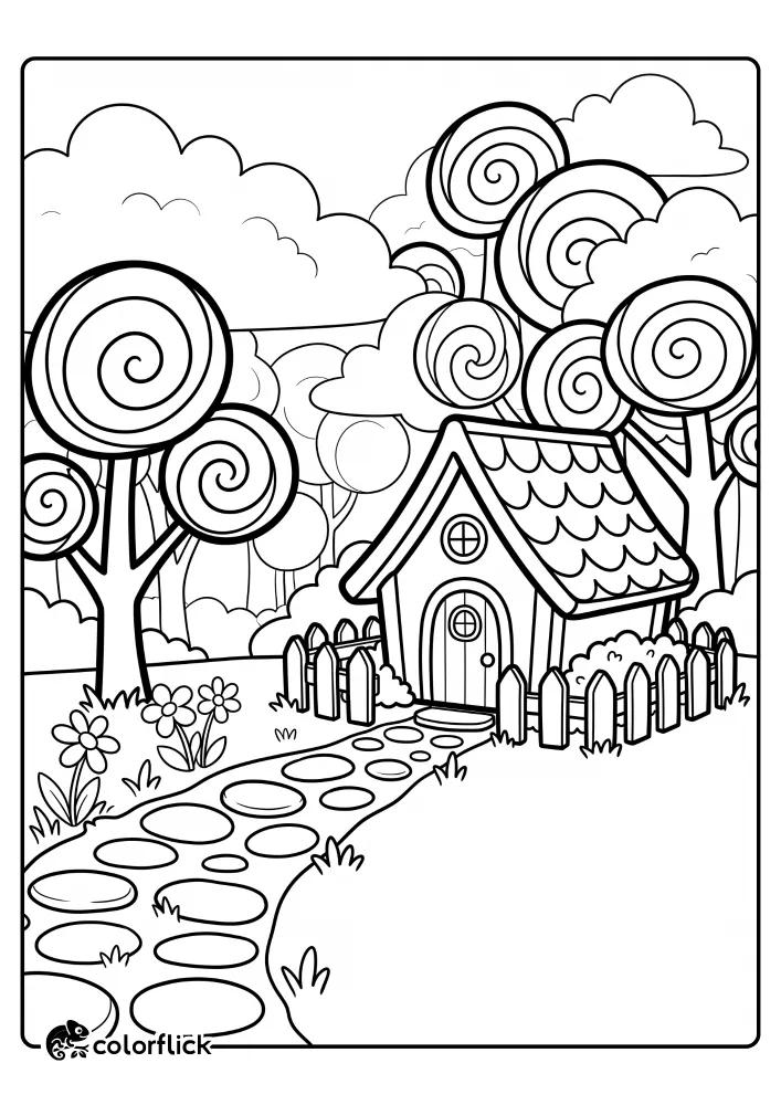 A black and white line art illustration of a magical forest with trees shaped like spiral lollipops, fluffy clouds, a stepping stone path, and a cute small cottage with a scalloped roof and picket fence, designed as a printable coloring page for kids.