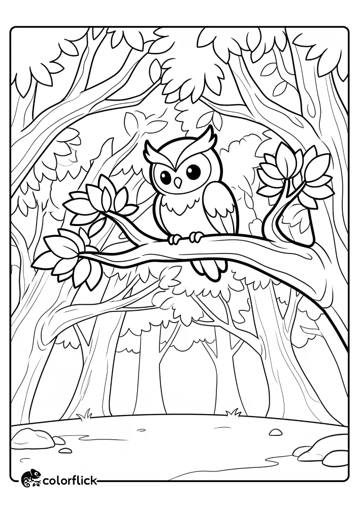 A beautiful owl perched on a thick tree branch looking down from a dense forest canopy surrounded by overlapping leaves, a free printable coloring sheet.