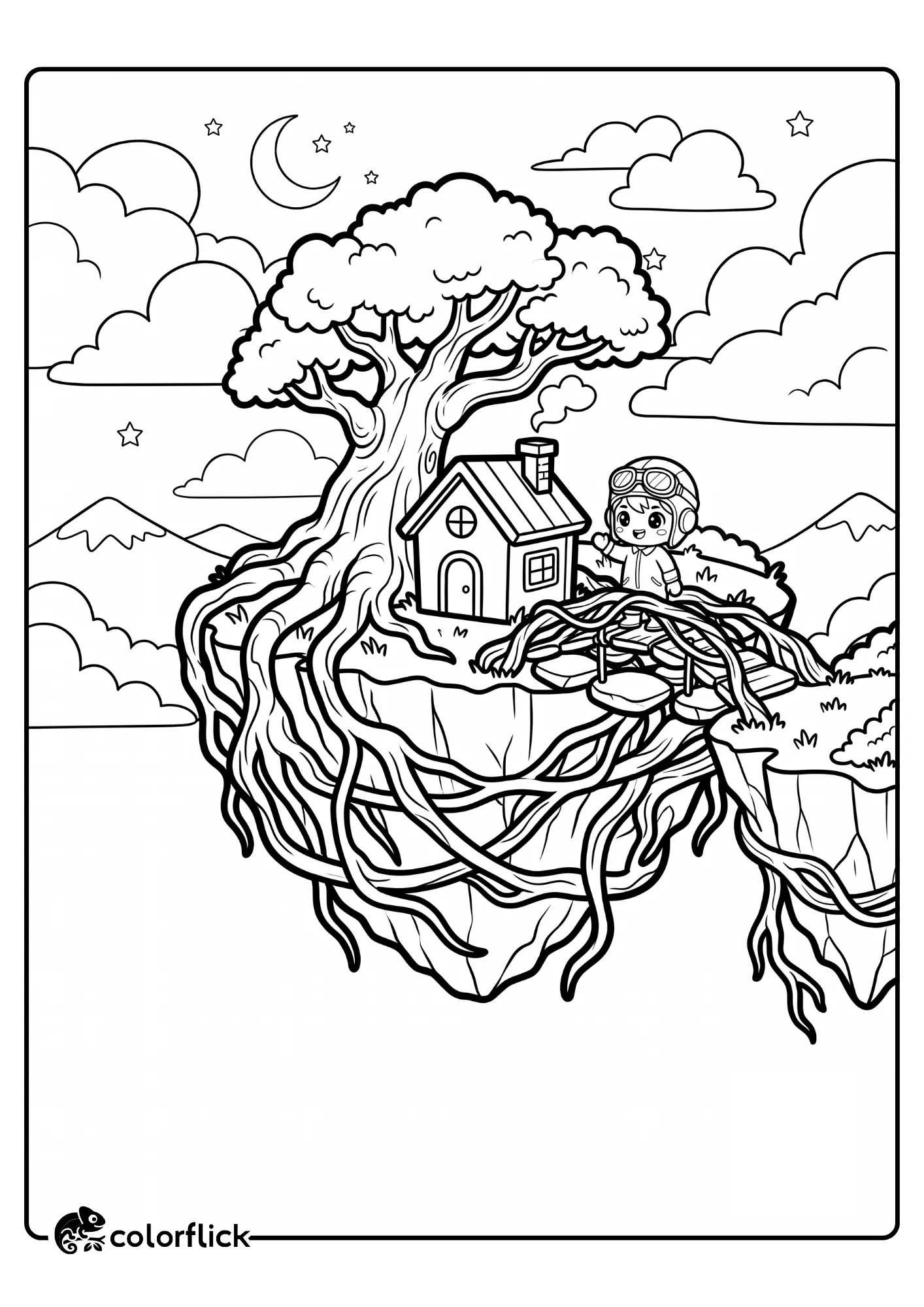 An enchanting black and white illustration of twin floating islands connected by a natural bridge of twisted vines and stones, featuring a large tree and a small house, perfect as a free printable coloring sheet.