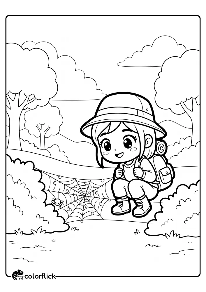 A printable coloring page for kids featuring a young explorer girl with a backpack smiling as she looks closely at a dewy spiderweb stretched between bushes.