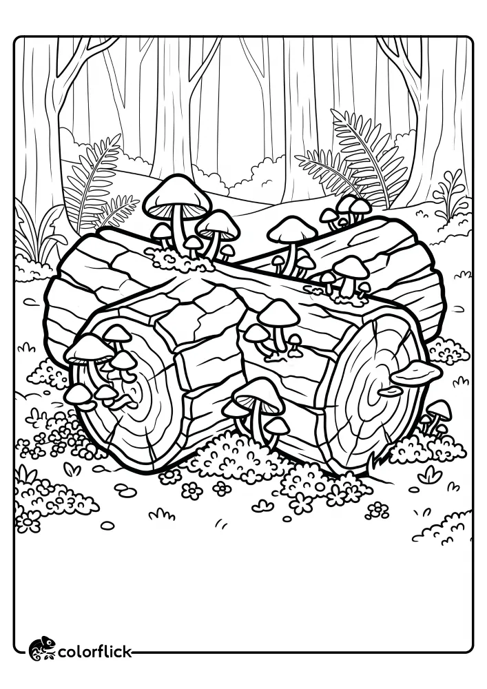 A free printable coloring sheet for kids showing a fallen tree log covered in umbrella-shaped mushrooms and small ground plants in a woodland forest.