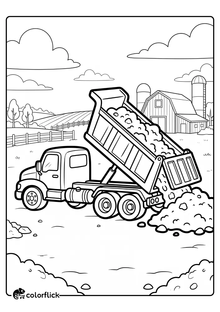 A farm dump truck printable coloring page for kids showing a large semi-truck tilting its bed and dumping rocks onto a pile, set against a background with a barn and silos.