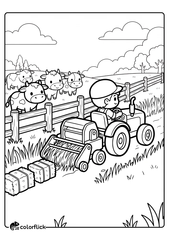 A farmer driving a tractor pulling a baler machine, creating square hay bales in a field with cows watching behind a fence, printable coloring page for kids.