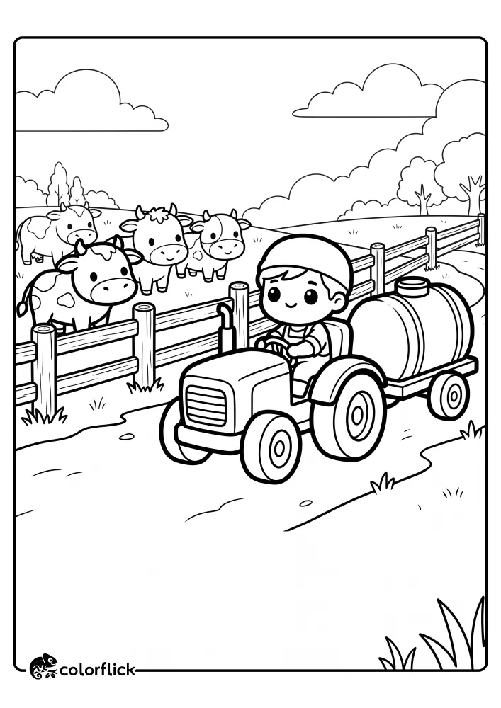 A cute farmer driving a tractor pulling a water tank on a path towards cows behind a fence in a detailed yet clean printable coloring page for kids.
