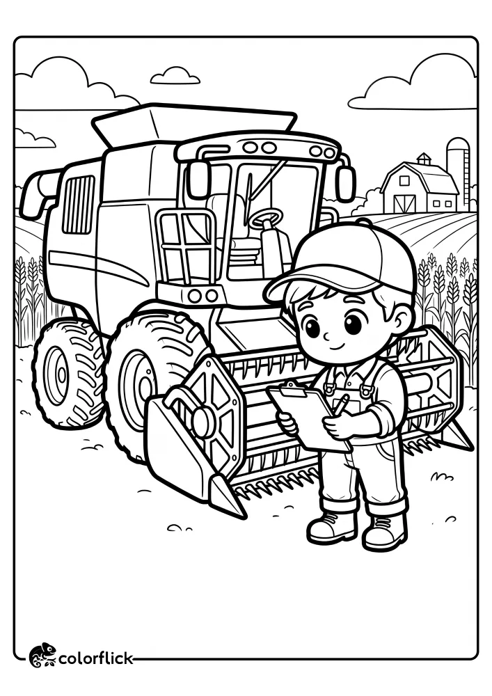 A friendly young farmer boy holding a clipboard stands in front of a large combine harvester on a farm, perfect for a printable coloring page for kids.