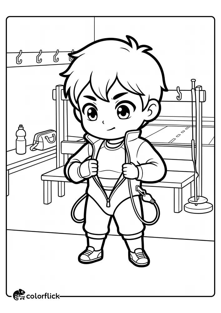 A simple, black and white printable coloring page for kids showing a cute young boy fencer putting on his protective fencing jacket in a locker room setting. He is pulling up the zipper and revealing a chest protector and briefs. The background includes benches, water bottles, and fencing pistes.
