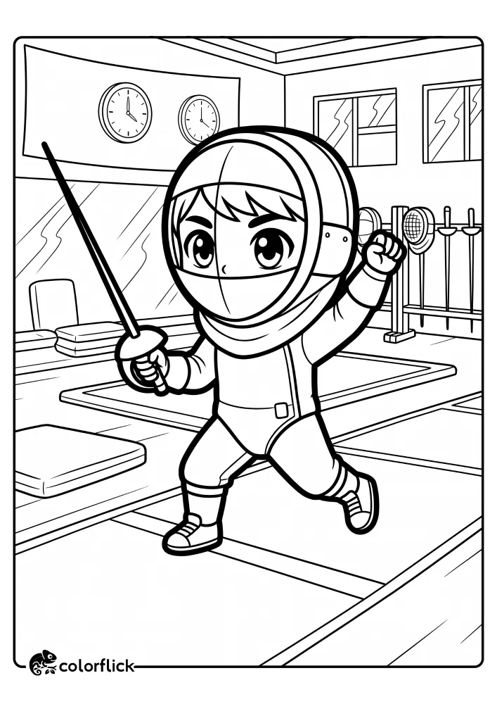 A young fencer in a full mask and uniform raises a foil while practicing footwork on a marked gym strip, a free printable coloring sheet for kids.