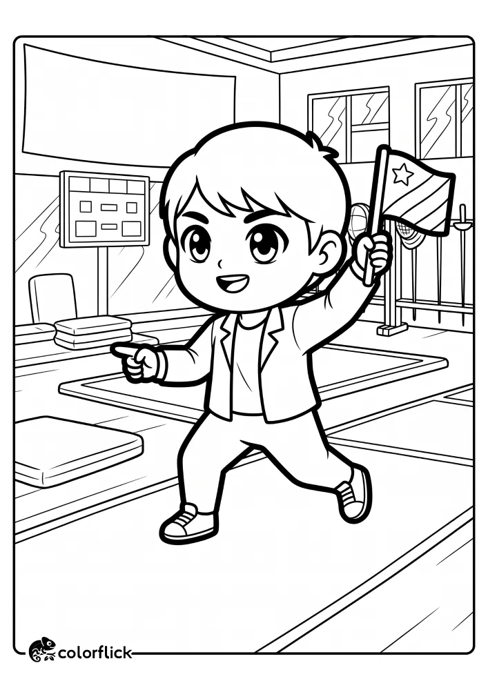 A printable coloring page for kids featuring a young fencer acting as a referee, holding a flag inside a fencing practice gym.