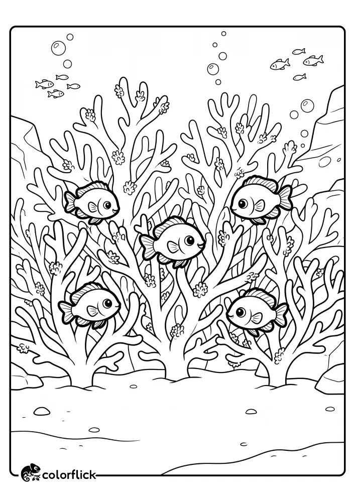 A black and white line art illustration showing five friendly-looking fish swimming among a dense formation of branching staghorn coral in an underwater reef scene, part of a free printable coloring sheet for kids.