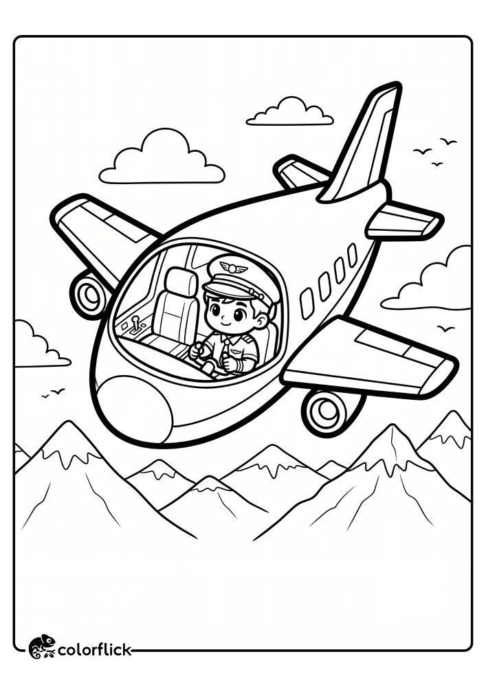 A black and white line art coloring sheet for kids showing a smiling pilot in a detailed cockpit of a large airplane flying over snow-capped mountain peaks and through clouds.