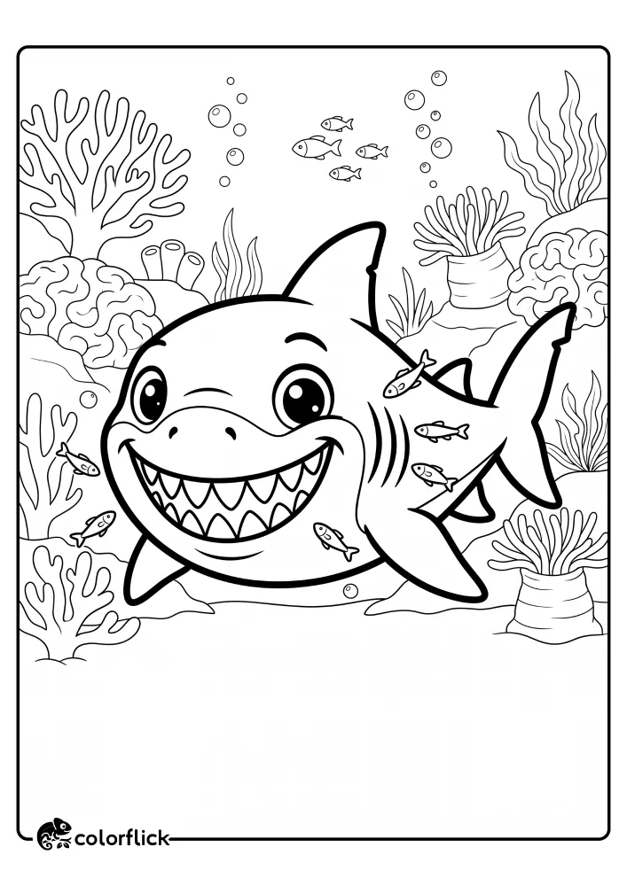 A big friendly shark showing a wide, toothy smile while tiny cleaner fish swim gently around its gills in a detailed coral reef, featured as a free printable coloring sheet for kids.