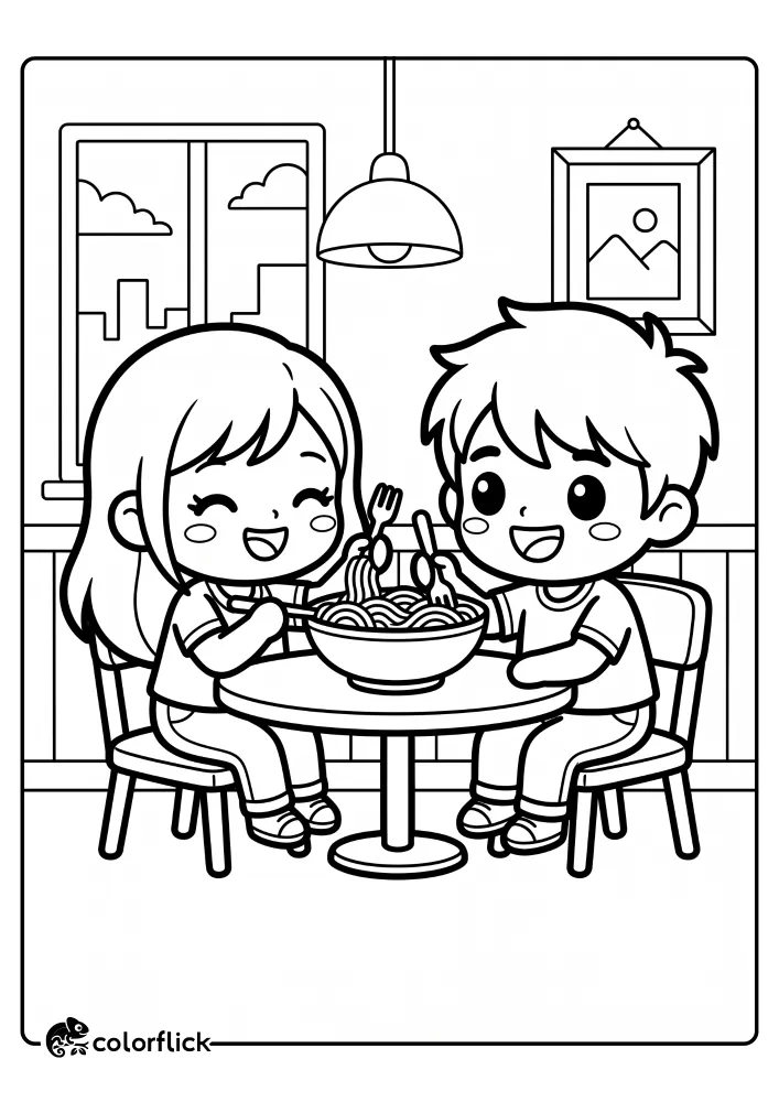 A printable coloring page for kids showing two young friends sitting at a table in a restaurant and happily sharing a large bowl of spaghetti.