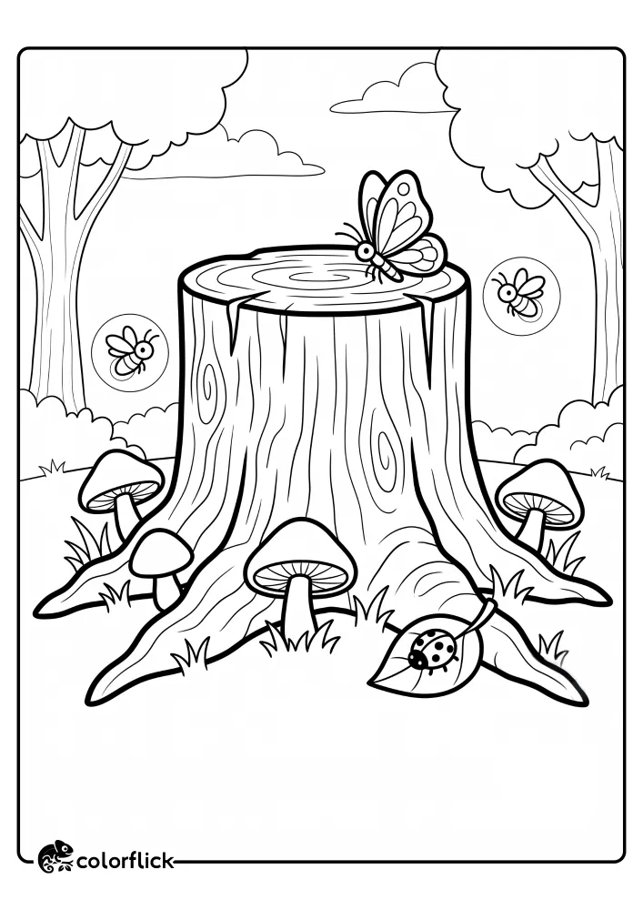 A detailed forest scavenger hunt scene featuring a large tree stump surrounded by hidden mushrooms, fireflies, a resting butterfly, and a tiny ladybug, a free printable coloring sheet.