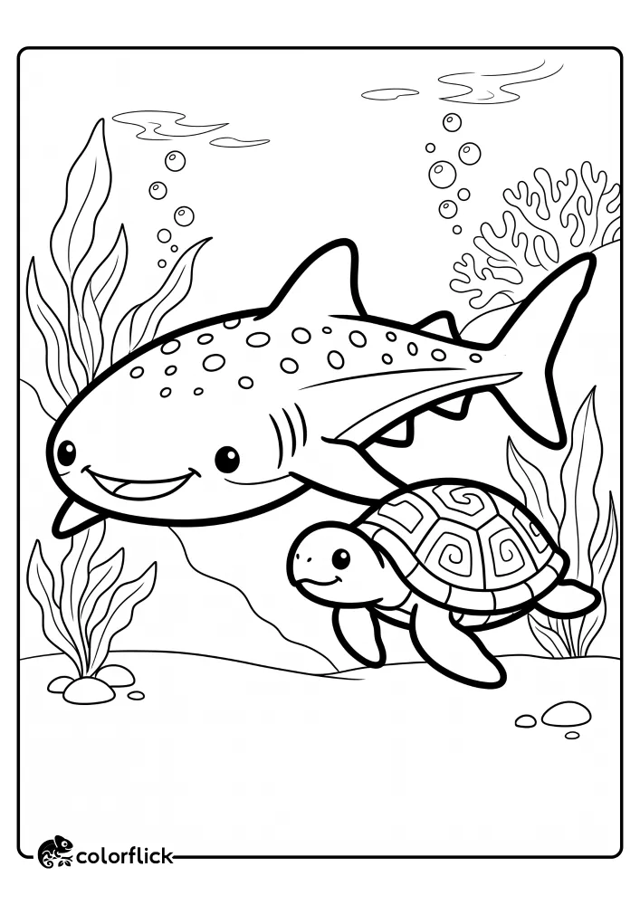 A gentle spotted whale shark swimming slowly next to a sea turtle with a patterned shell in an underwater scene, featured as a free printable coloring sheet for kids.