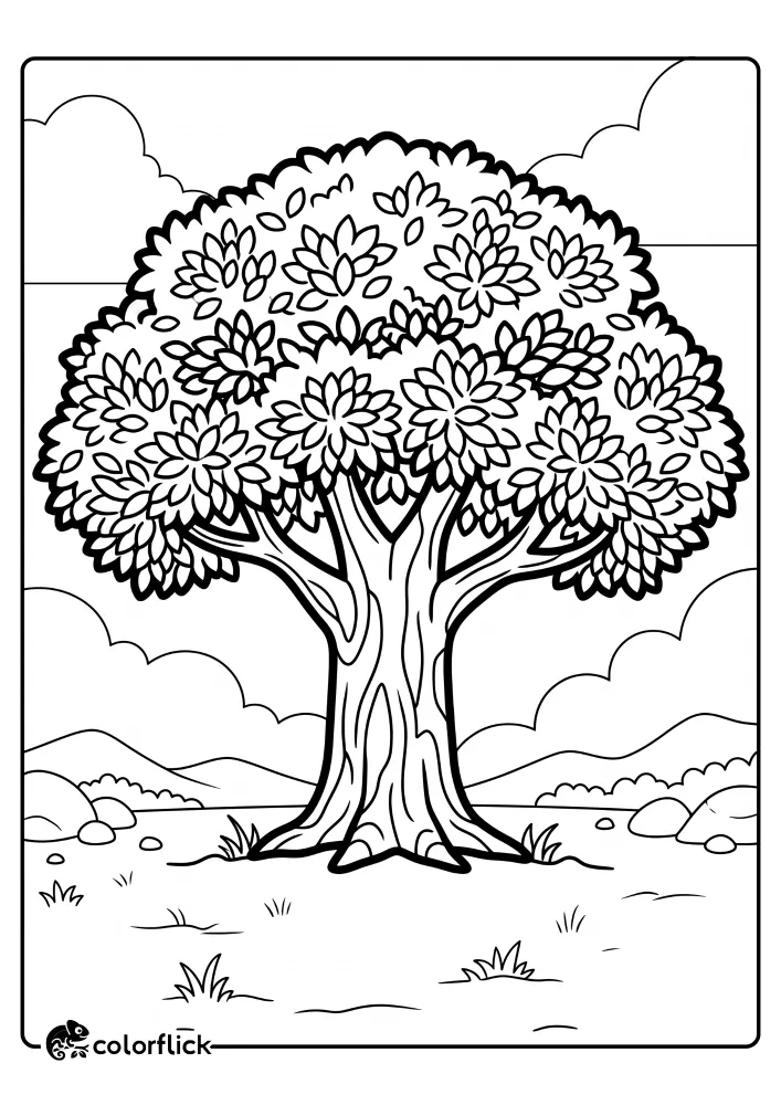 A free printable coloring sheet for kids featuring a giant canopy tree standing tall with a wide, umbrella-shaped top made of bold leaves.