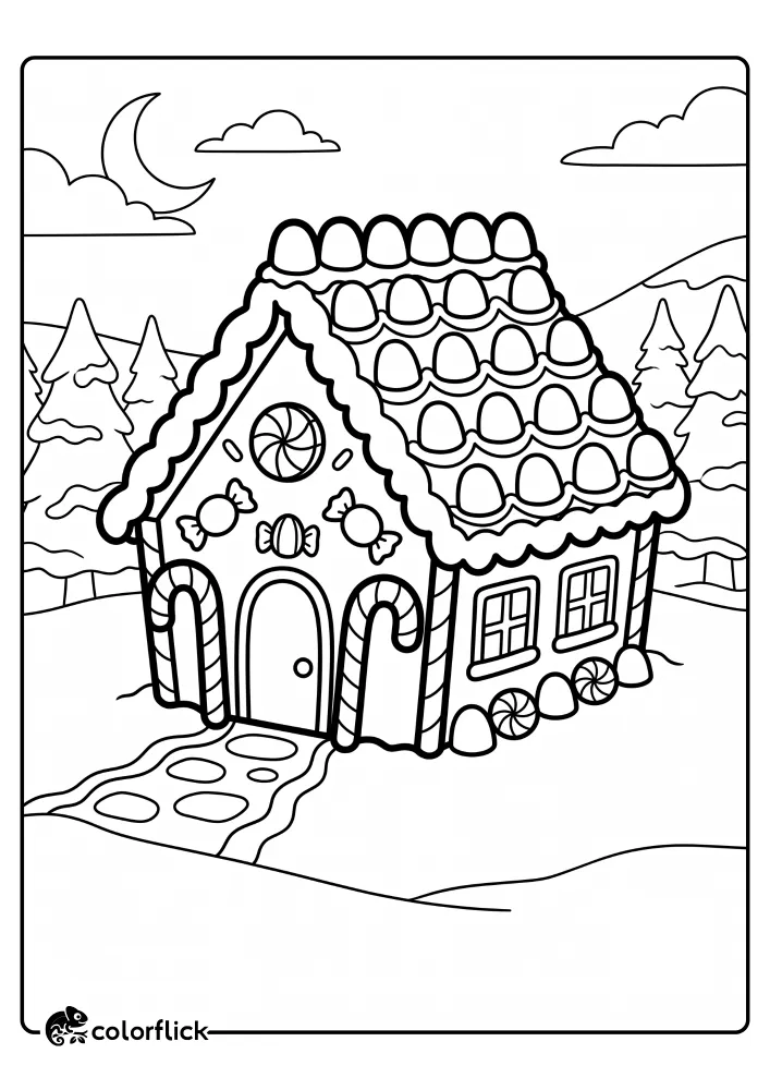 A cute gingerbread house decorated with gumdrops on the roof, candy cane pillars, and peppermints in a snowy winter forest scene, free printable coloring sheet.