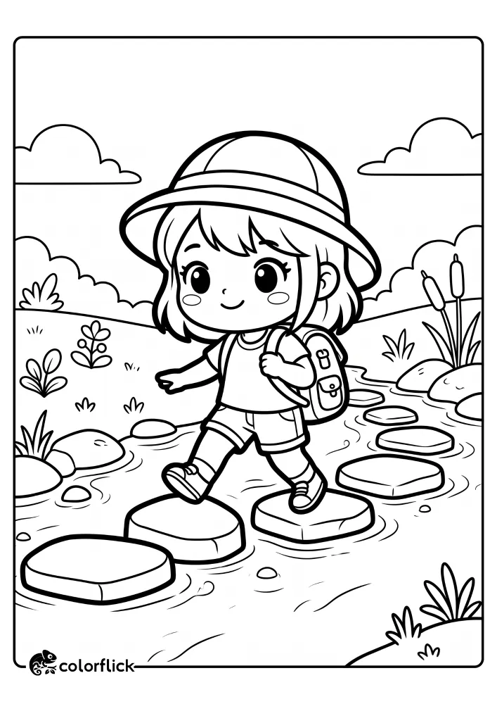 A cute girl wearing a sun hat and backpack carefully steps across large stepping stones in a bubbling stream, a printable coloring page for kids.
