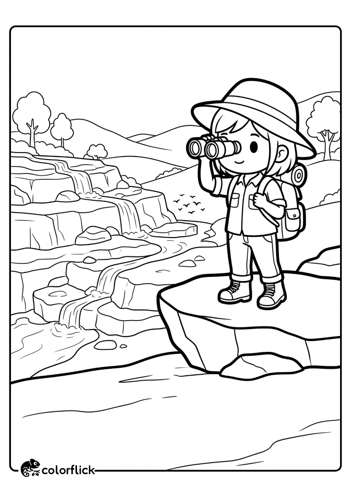 A young girl in hiking gear standing on a rock using binoculars to watch birds near beautiful terraced waterfalls, a free printable coloring sheet.