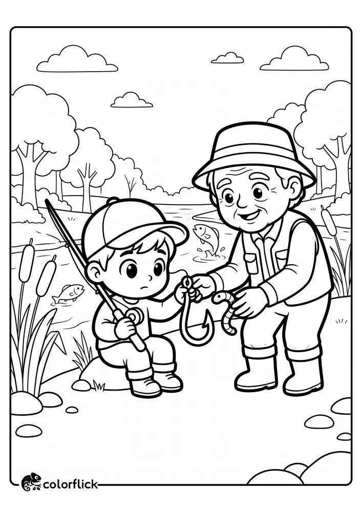 A printable coloring page for kids showing an experienced fisherman in a fishing hat teaching a young boy in a baseball cap how to bait a large fishing hook with a worm by a riverbank with jumping fish and trees.
