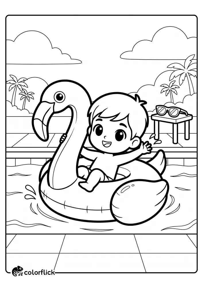 A happy young child is floating in a swimming pool on a large flamingo-shaped float, with palm trees and a poolside table in the background, a printable coloring page for kids.