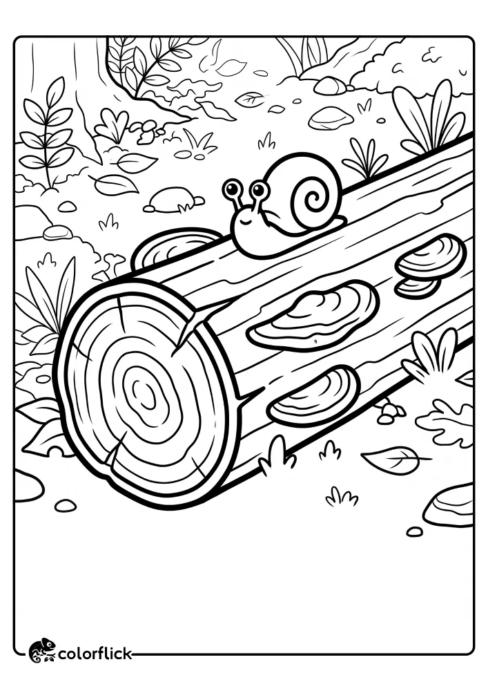 A delightful line art illustration of a small snail with a spiral shell crawling across a textured fallen log. The log features cute bracket fungi and tree rings. The background has simplified forest plants. Printable coloring page for kids.