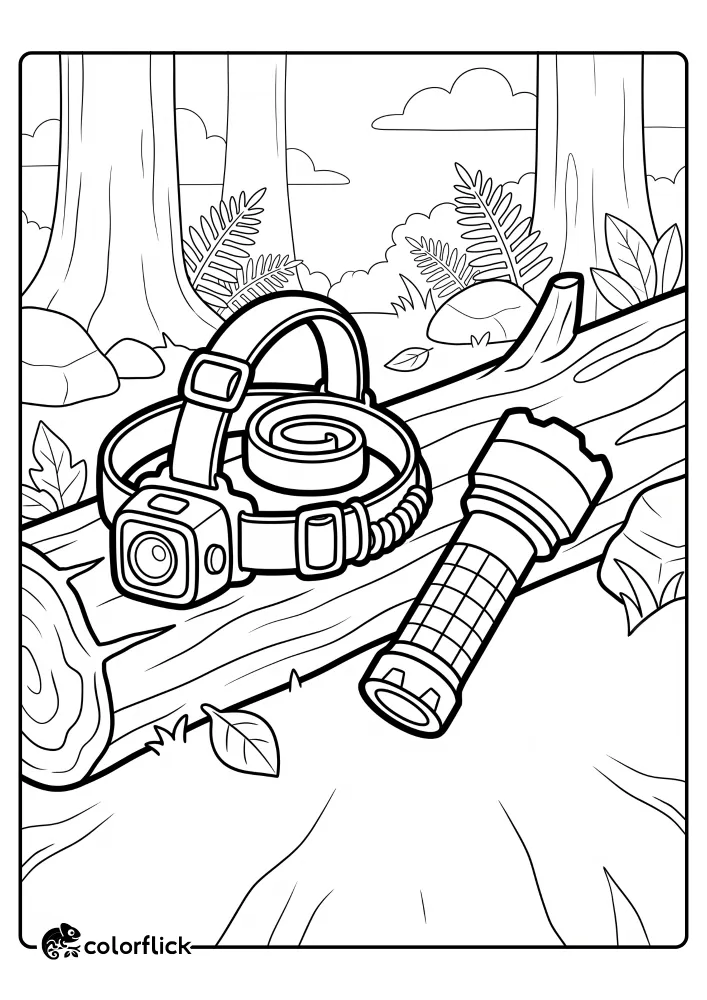 A headlamp with an adjustable strap and a tactical flashlight resting on a fallen forest log, a free printable coloring sheet.