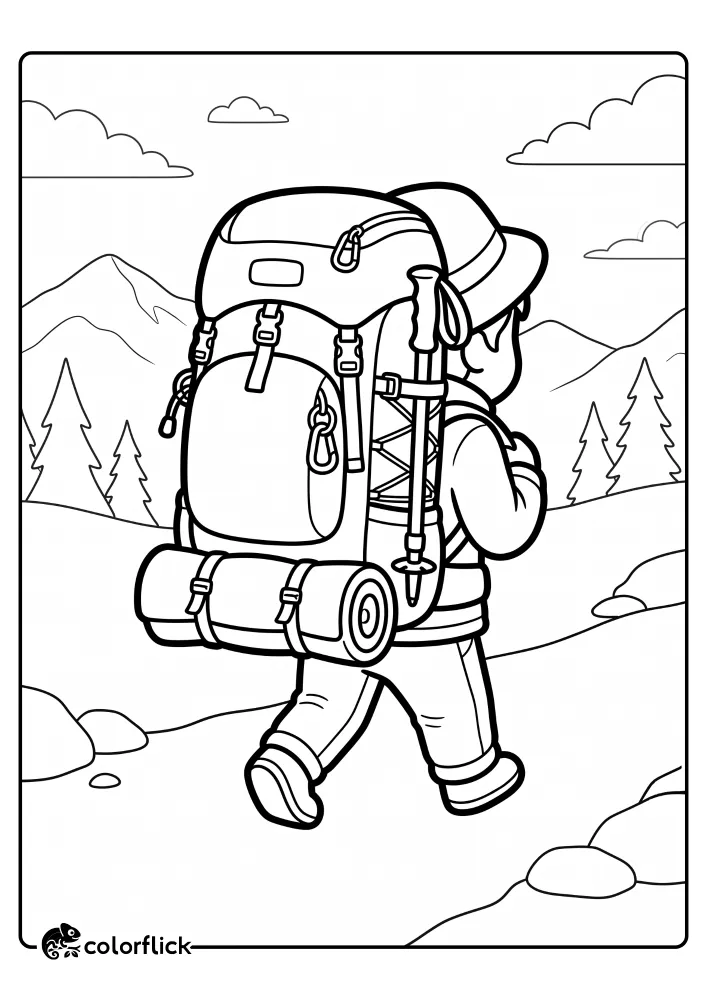 A close-up view of a hiker walking on a trail carrying a large backpack with a rolled sleeping pad and trekking pole attached, in a free printable coloring sheet.