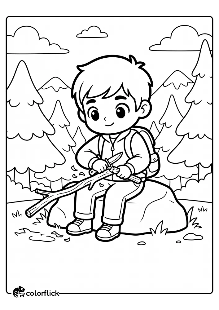 A young boy sitting on a rock in the forest using a pocket knife to carve a walking stick from a fallen branch in this free printable coloring sheet.