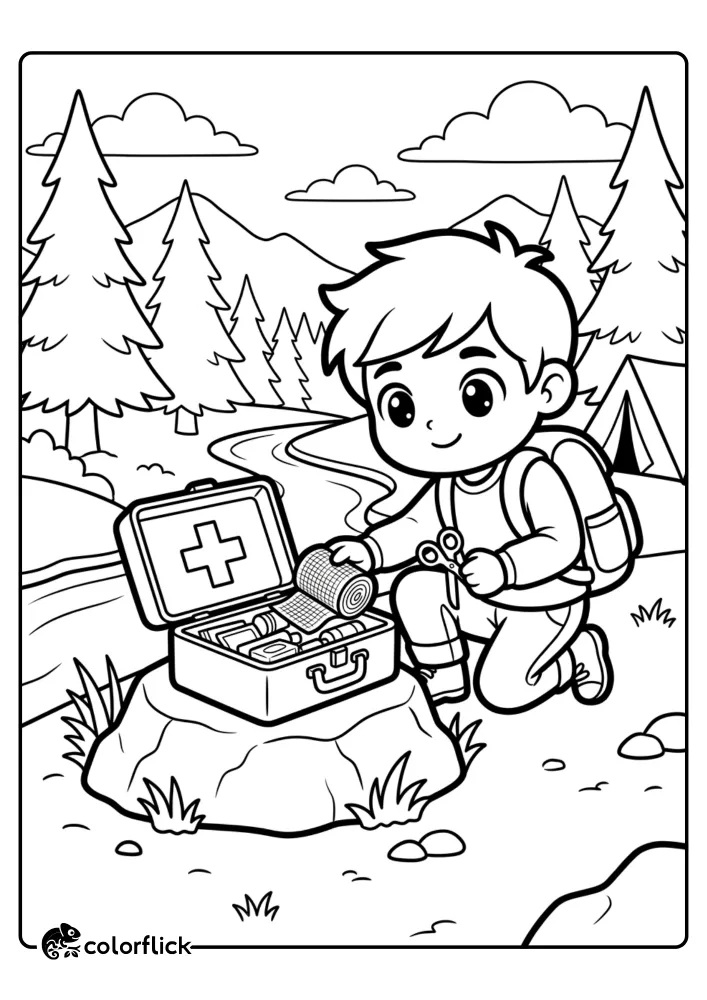 A young boy hiker taking a bandage and scissors from an open first-aid kit on a rock near a campsite, in a free printable coloring sheet.