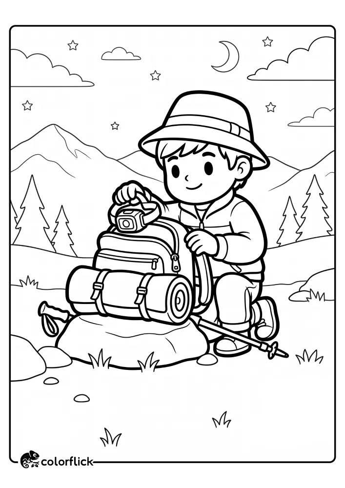 A young boy hiker taking a headlamp out of his backpack under a starry night sky in this free printable coloring sheet.