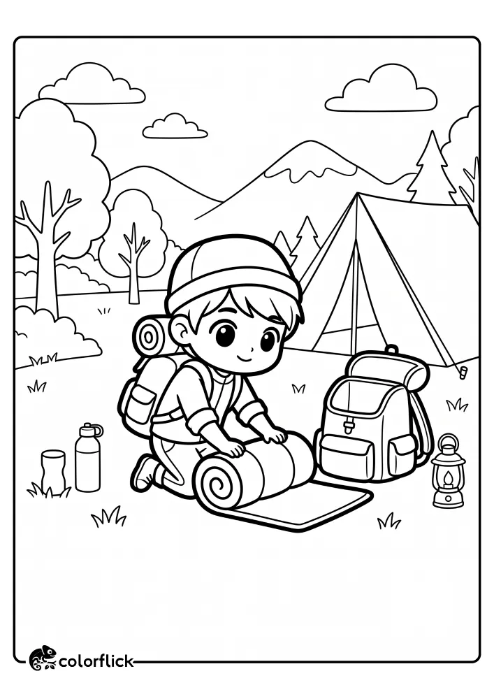A line art illustration of a cute boy in a beanie kneeling and pushing a stake to set up a small dome tent, with a backpack nearby, in a forest clearing with mountains, making a printable coloring page for kids.