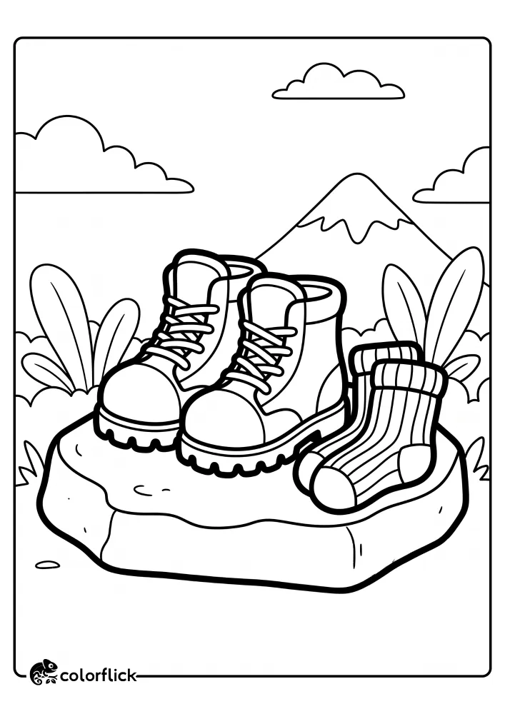 A pair of sturdy hiking boots next to folded ribbed socks resting on a flat boulder in the mountains, a free printable coloring sheet.