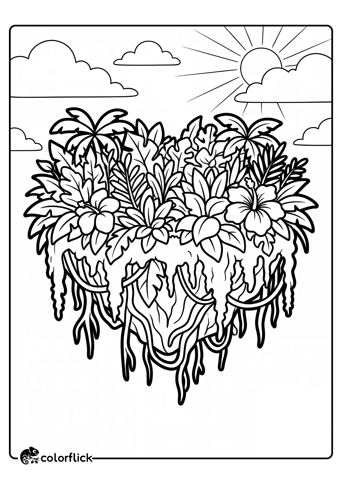 A free printable coloring sheet featuring a dense, jungle-like floating island filled with thick vegetation, tropical flowers, and hanging roots suspended in the sky under a bright sun.