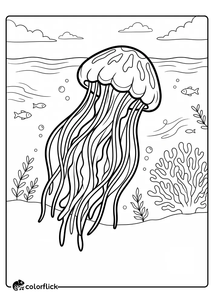 A printable coloring page for kids showing a single large jellyfish swimming in the ocean with small fish, coral, and bubbles.