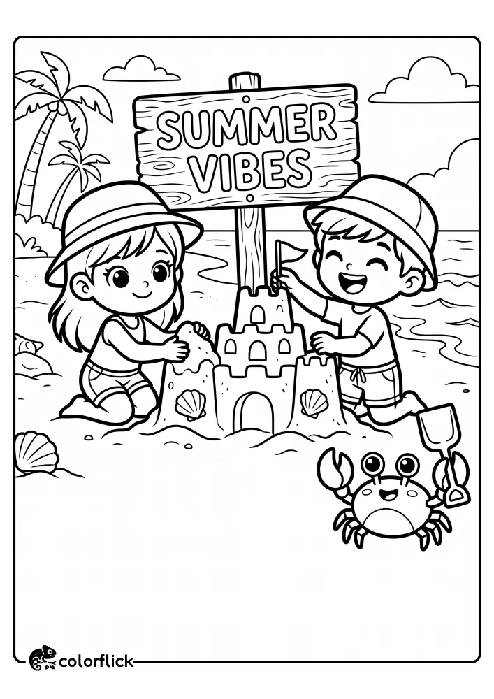 A printable coloring page for kids showing two happy children in sun hats building a detailed sandcastle on a sunny beach, next to a cute crab holding a toy shovel, with a large wooden sign that reads "SUMMER VIBES" and palm trees in the background.