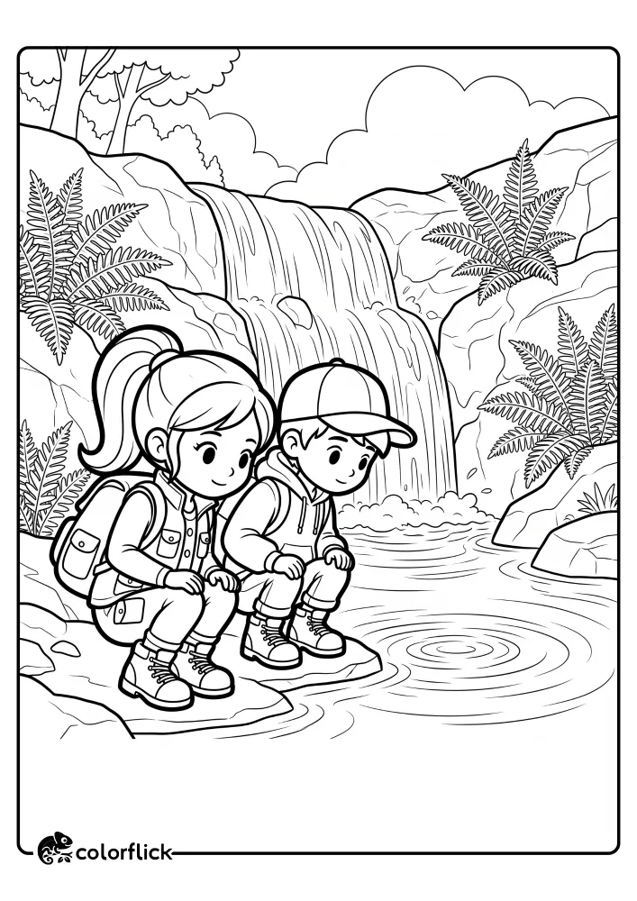 A boy and a girl wearing hiking gear and backpacks crouch by a forest waterfall to watch ripples in the water, a free printable coloring sheet.