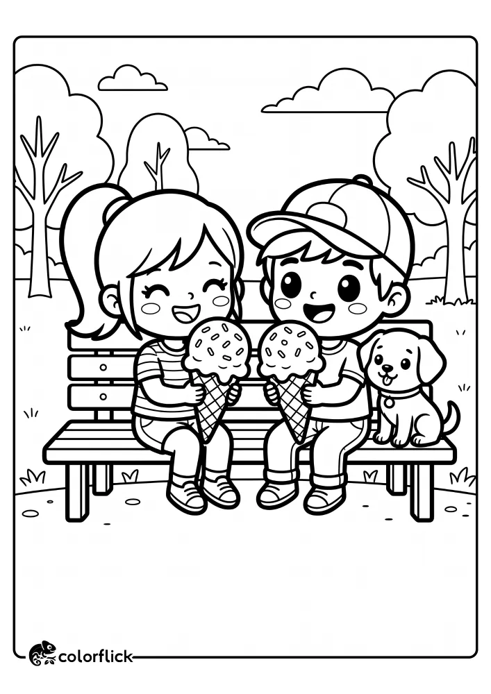 A line art drawing for a free printable coloring sheet featuring a happy girl and boy sitting on a park bench eating ice cream cones with sprinkles, and a small dog sitting next to them in a park setting.