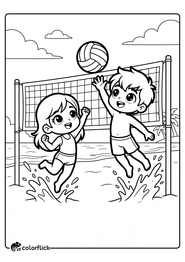 A dynamic line art drawing for a free printable coloring sheet featuring a young boy and girl jumping up to hit a beach volleyball over a net, with sand splashing around their feet.