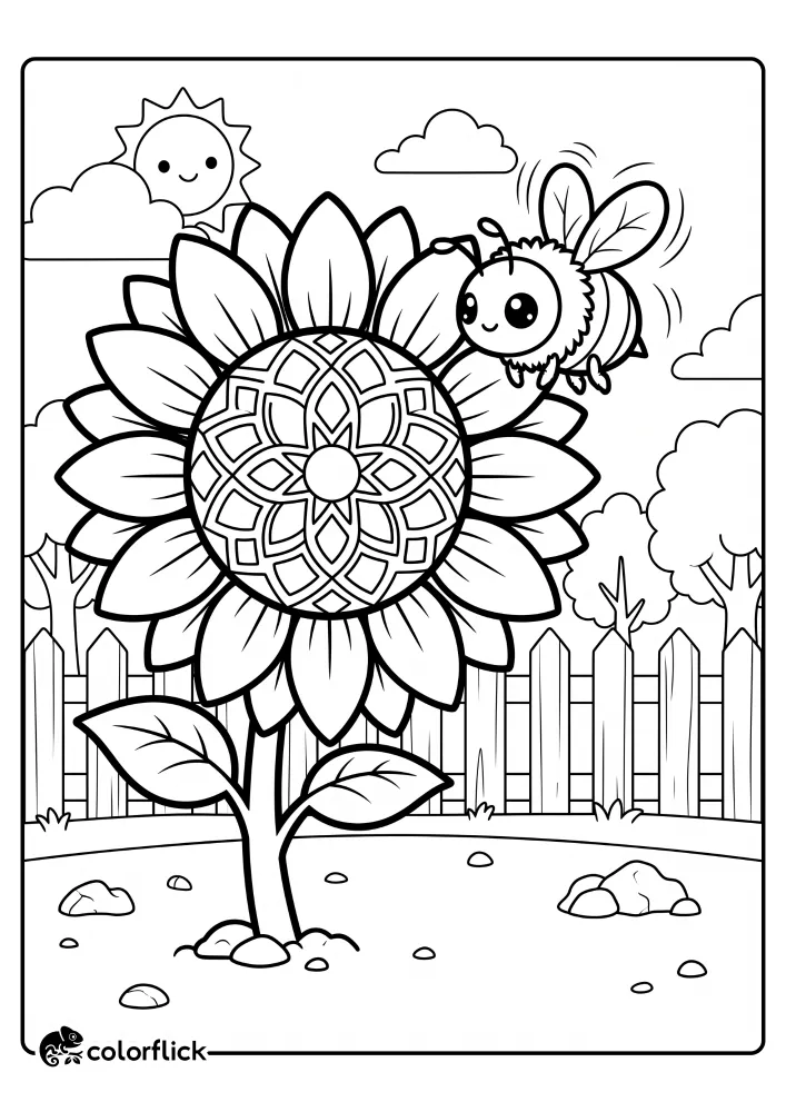 A detailed line art illustration of a large sunflower with a mandala-patterned center and a happy face, plus a cute bumblebee hovering next to it in a garden, as a printable coloring page for kids.