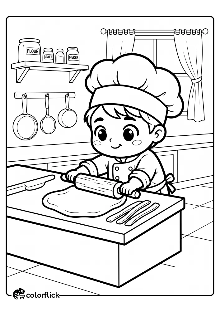 A cute cartoon little chef wearing a tall hat and apron rolling out dough with a rolling pin on a kitchen counter, printable coloring page for kids.