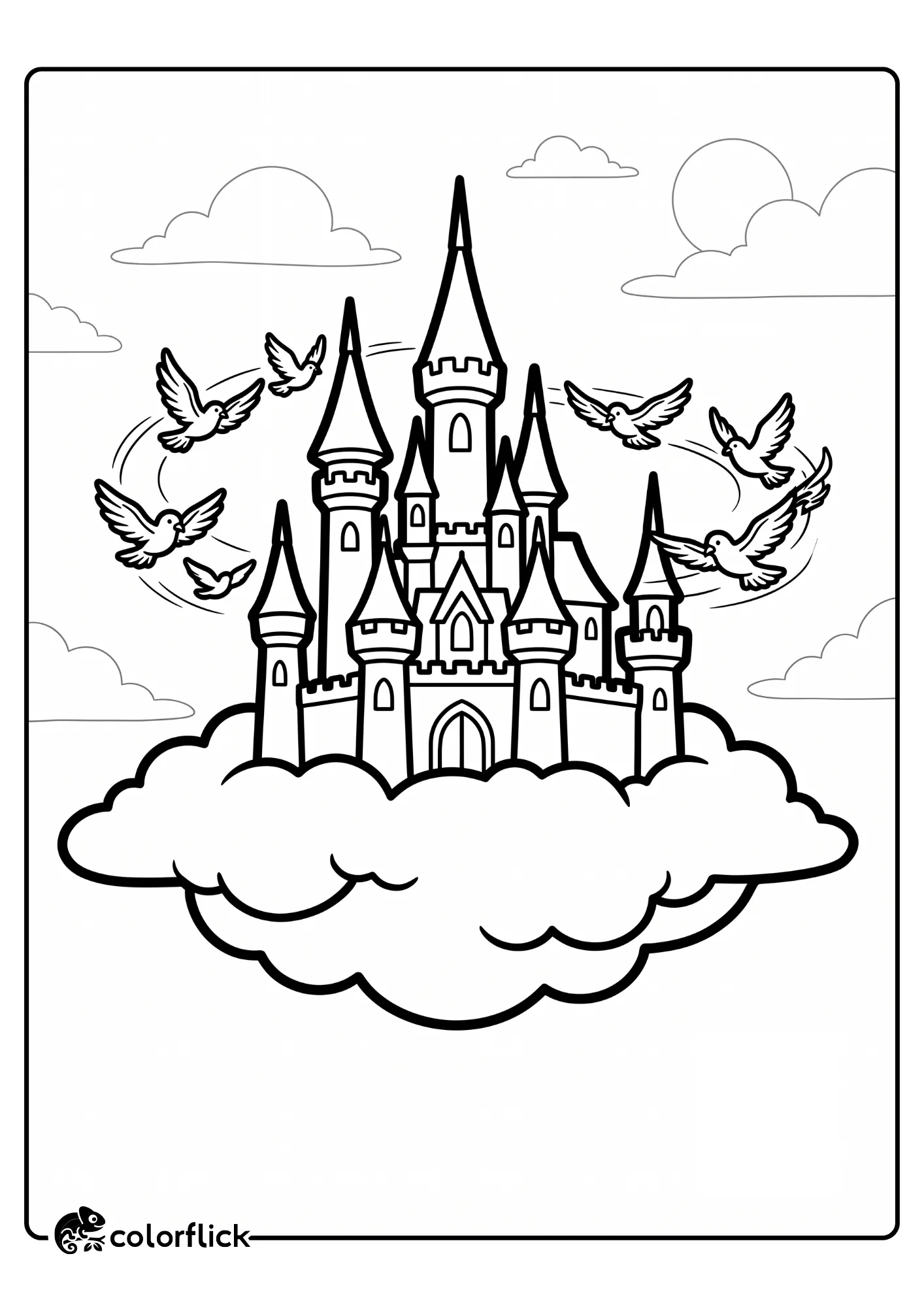 A fairytale castle with tall spires floats on a large cloud, surrounded by flying birds, printable coloring page for kids.