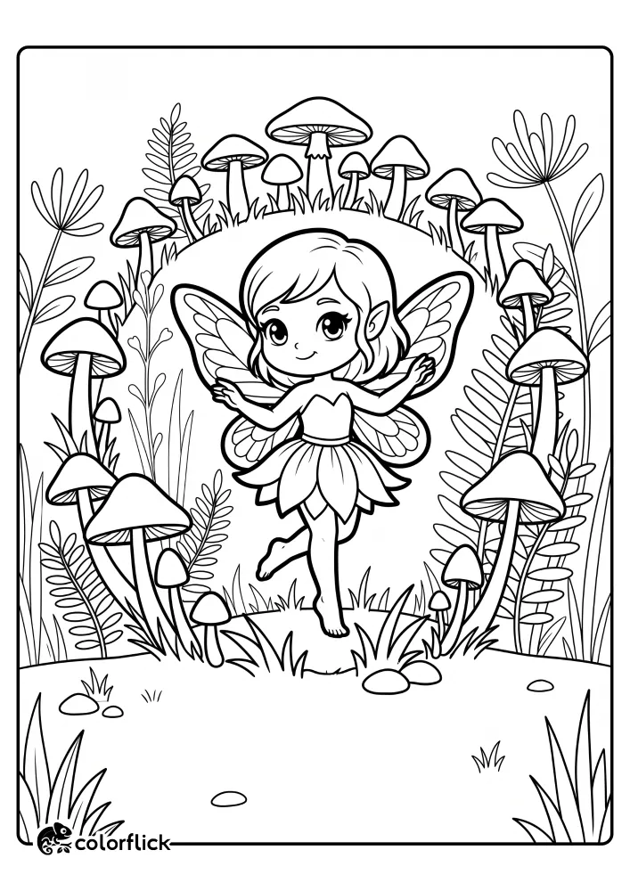 A beautiful fairy with delicate wings dancing barefoot inside a magical mushroom ring, making a perfect free printable coloring sheet for kids.