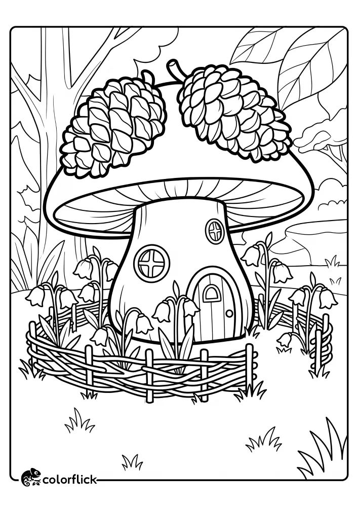 An enchanting fairy mushroom house with a pinecone roof and a twig fence garden of bell flowers, a detailed line art printable coloring page for kids.