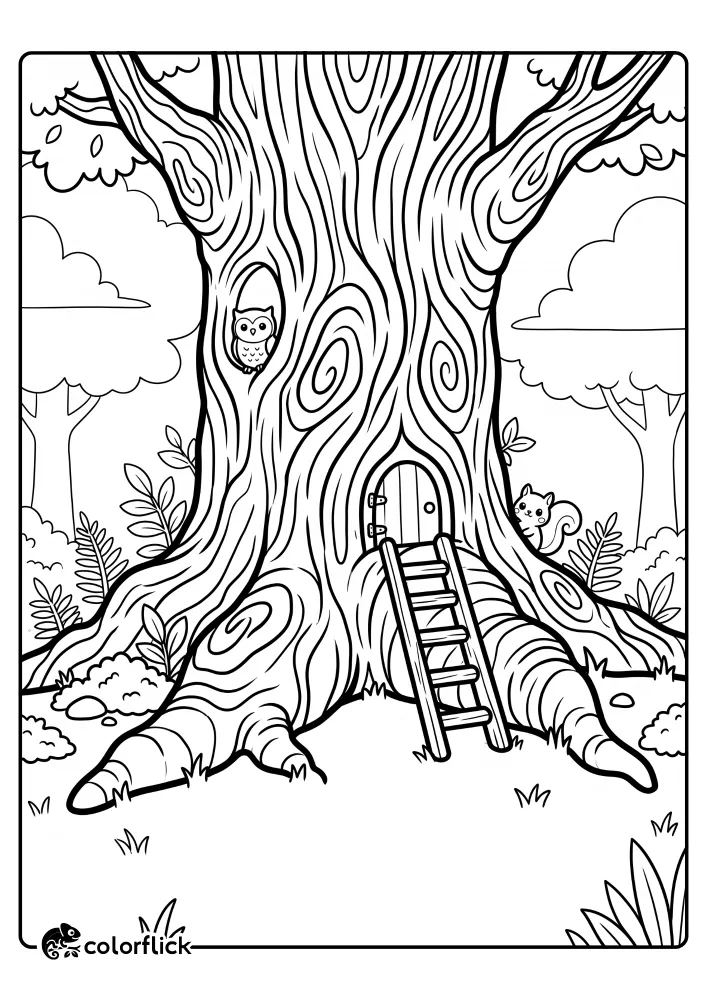 A magical forest treehouse home with an owl and tiny door, printable coloring page for kids.