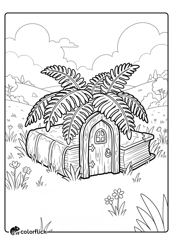 A whimsical black and white line art illustration of a giant ancient book with a carved wooden door in its spine, resting in a grassy meadow under giant fern leaves, designed as a free printable coloring sheet.