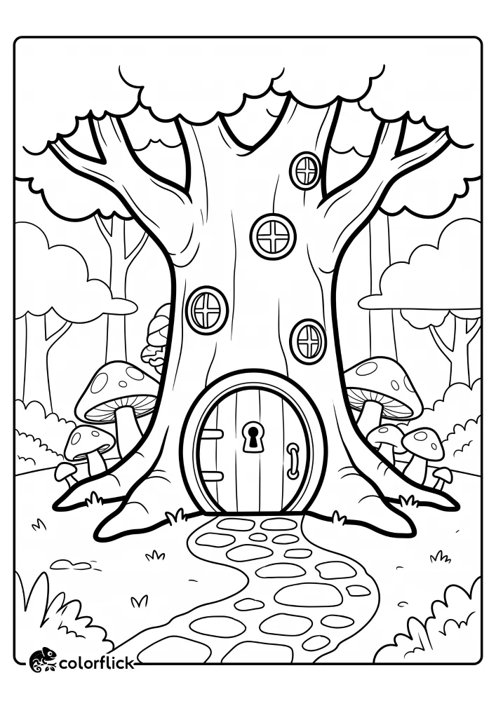 A free printable coloring sheet featuring a magical giant tree with a round wooden door at the base, circular windows on the trunk, large mushrooms, and a winding cobblestone path.